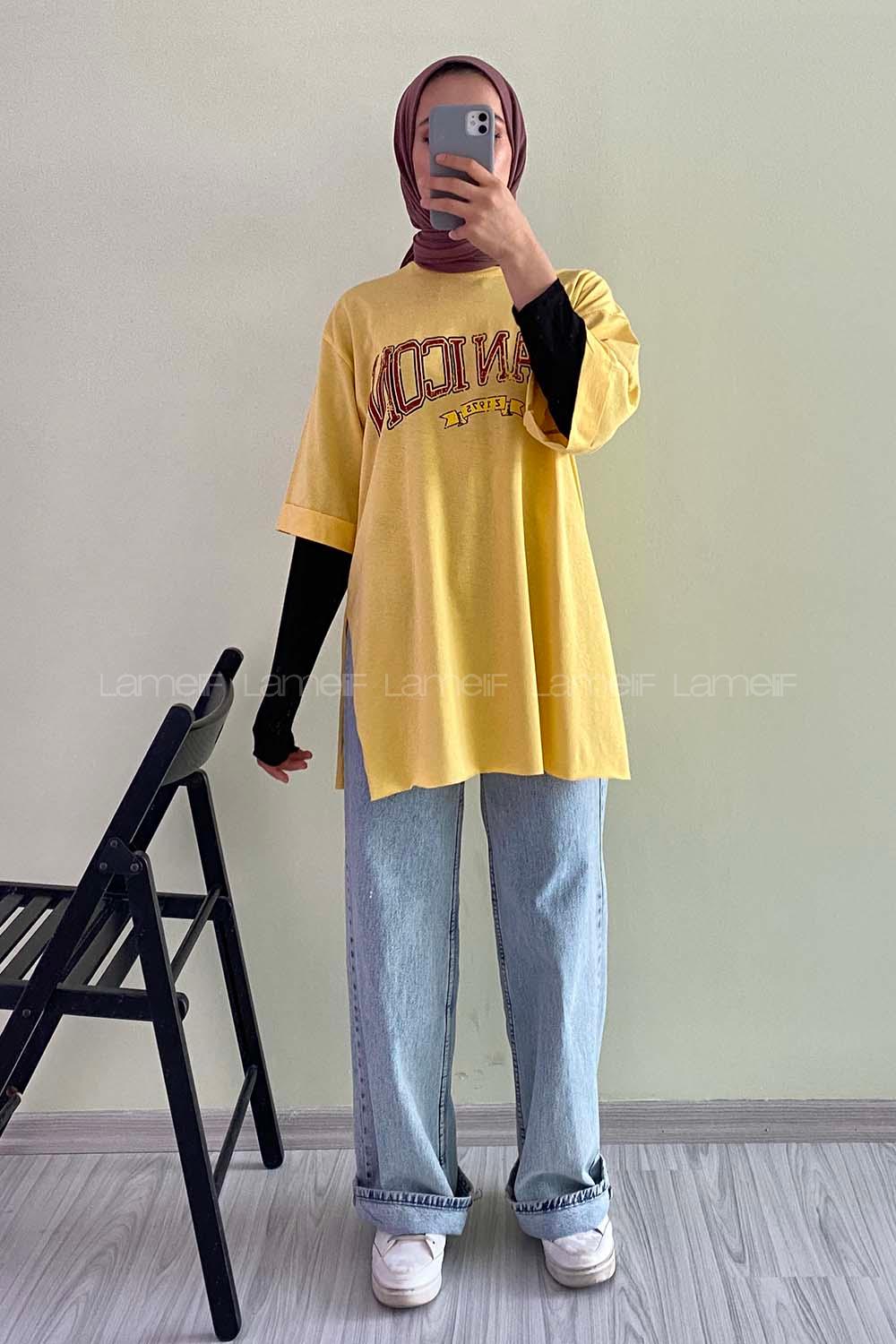 Modalamelif Beanıcon Yazılı Yan Yırtmaçlı Oversize T-Shirt Sarı