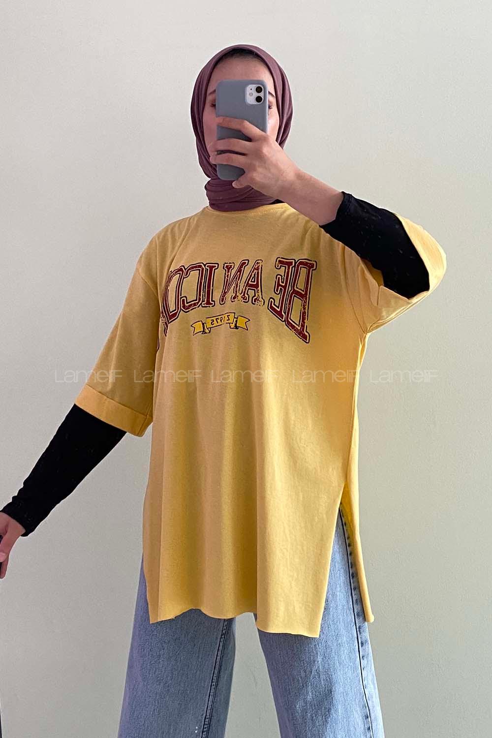 Modalamelif Beanıcon Yazılı Yan Yırtmaçlı Oversize T-Shirt Sarı
