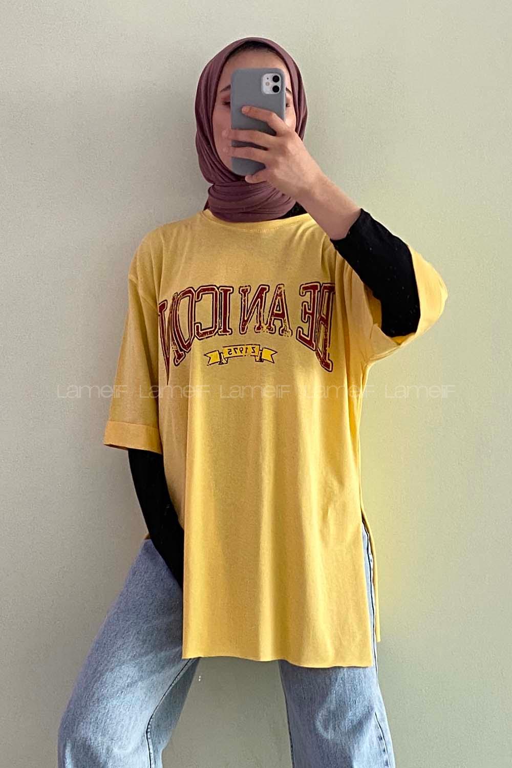 Modalamelif Beanıcon Yazılı Yan Yırtmaçlı Oversize T-Shirt Sarı
