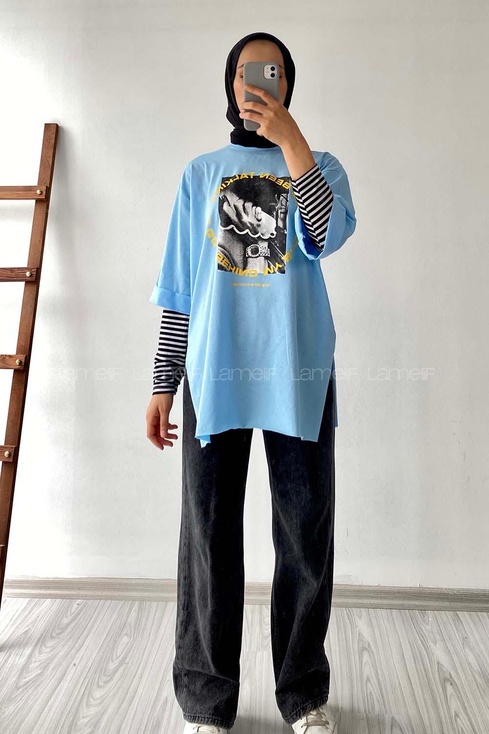 Modalamelif Been Talkıng Yazılı Baskılı Yanı Yırtmaçlı  T-Shirt Açık Mavi