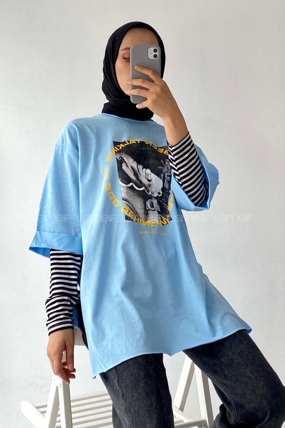 Modalamelif Been Talkıng Yazılı Baskılı Yanı Yırtmaçlı  T-Shirt Açık Mavi