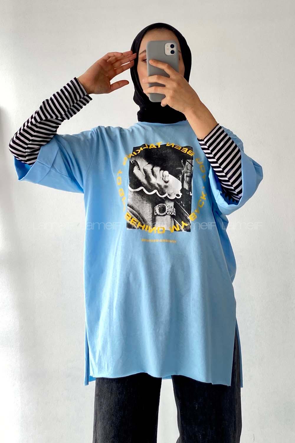 Modalamelif Been Talkıng Yazılı Baskılı Yanı Yırtmaçlı  T-Shirt Açık Mavi