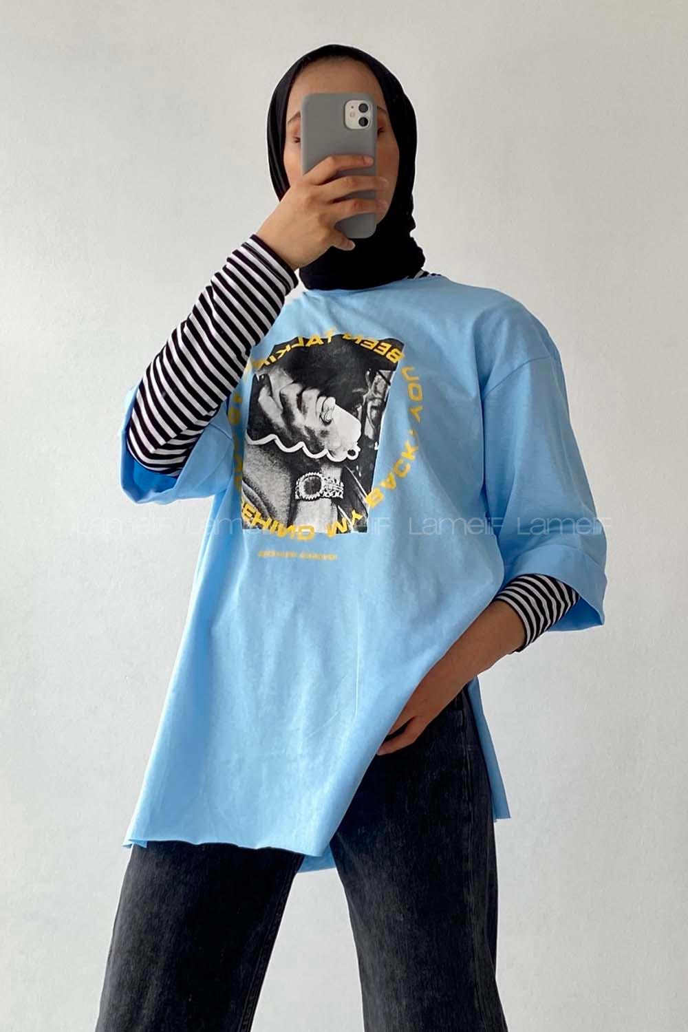 Modalamelif Been Talkıng Yazılı Baskılı Yanı Yırtmaçlı  T-Shirt Açık Mavi