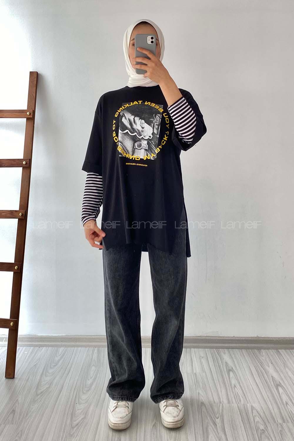 Modalamelif Been Talkıng Yazılı Baskılı Yanı Yırtmaçlı  T-Shirt Siyah