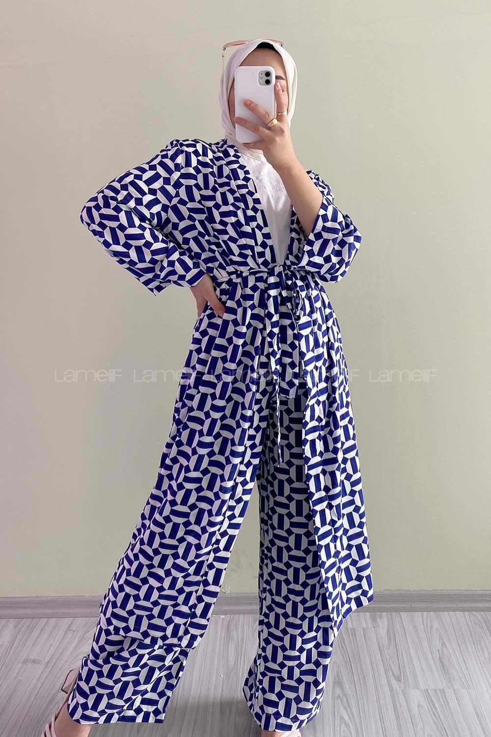 Modalamelif Beli Kuşak Bağlama Detaylı Desenli İkili Takım İndigo