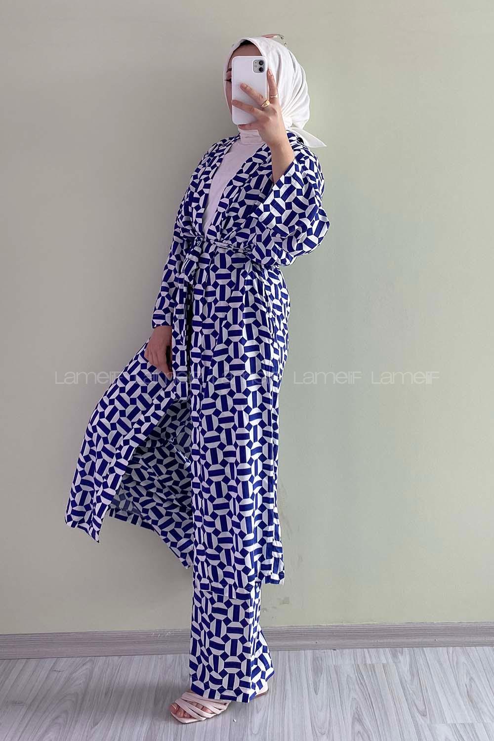 Modalamelif Beli Kuşak Bağlama Detaylı Desenli İkili Takım İndigo