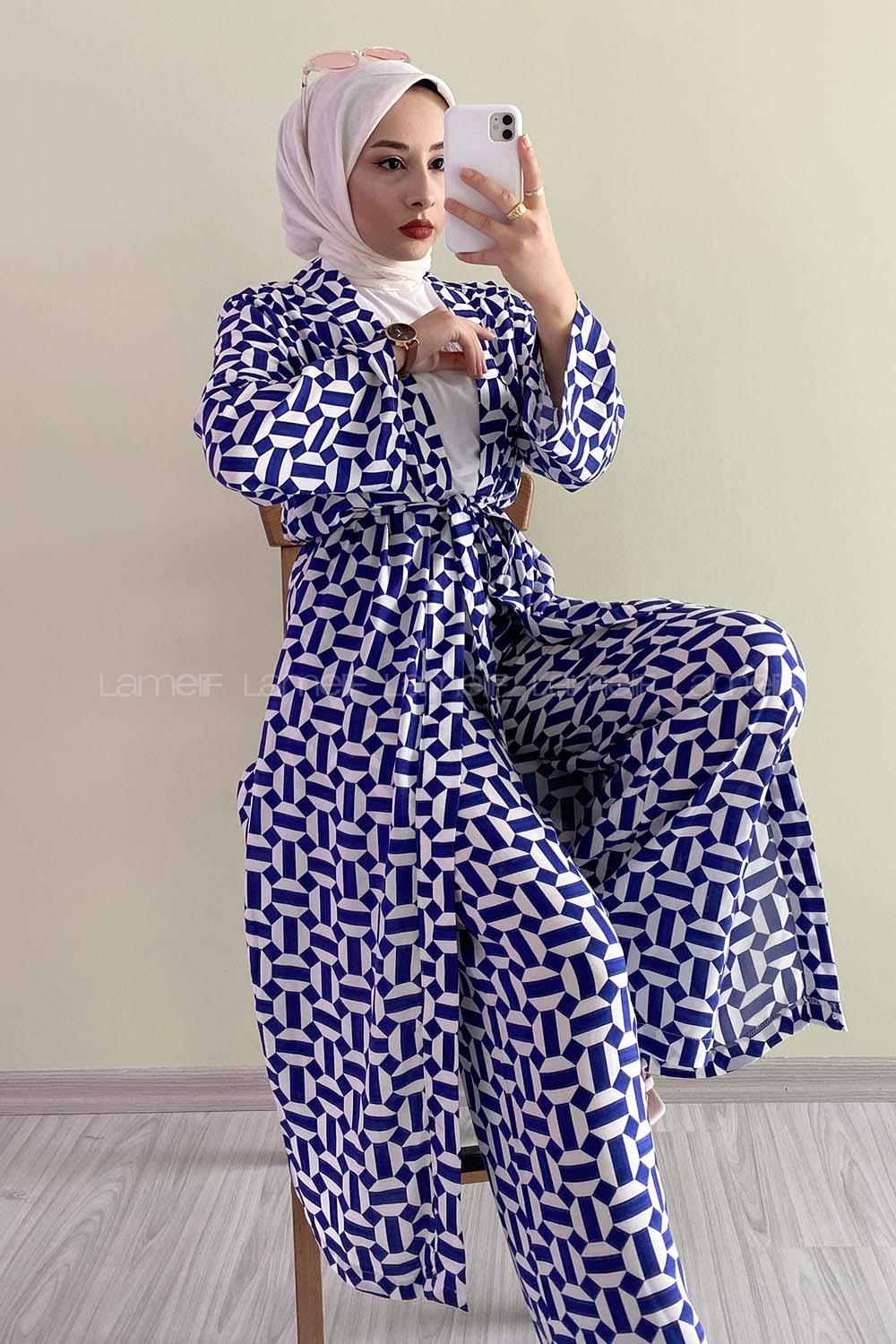 Modalamelif Beli Kuşak Bağlama Detaylı Desenli İkili Takım İndigo