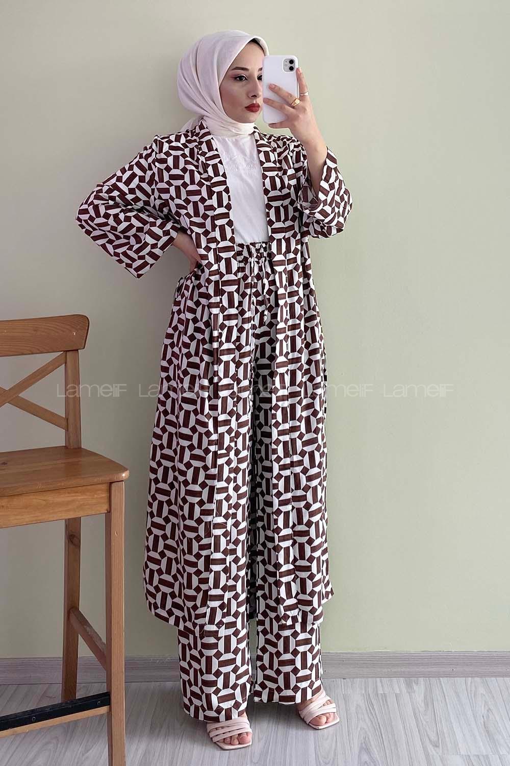 Modalamelif Beli Kuşak Bağlama Detaylı Desenli İkili Takım Kahverengi