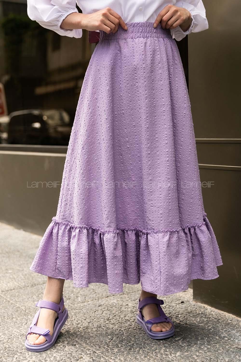 Modalamelif Bürümcük  Desenli Eteği Fırfır Detaylı Etek Lila