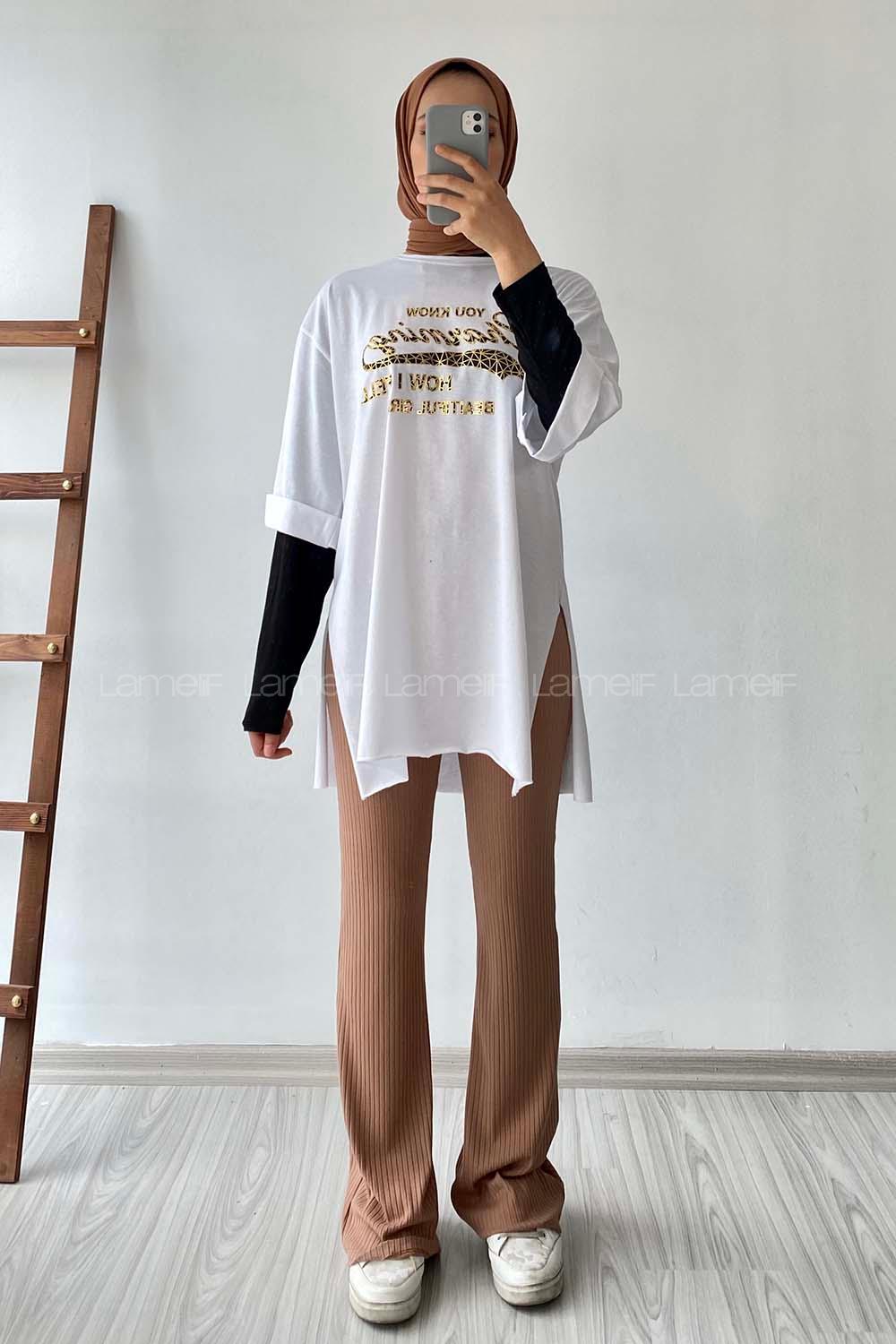 Modalamelif Champing Yazılı Yan Yırtmaçlı Oversize T-Shirt Beyaz