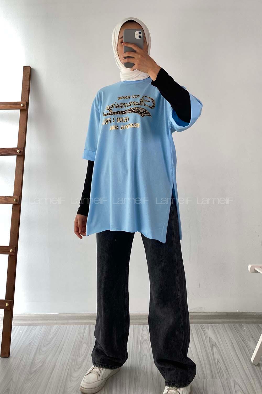 Modalamelif Champing Yazılı Yan Yırtmaçlı Oversize T-Shirt Mavi