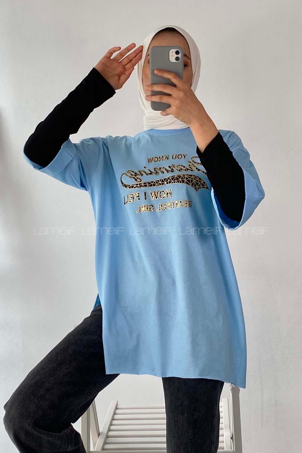 Modalamelif Champing Yazılı Yan Yırtmaçlı Oversize T-Shirt Mavi