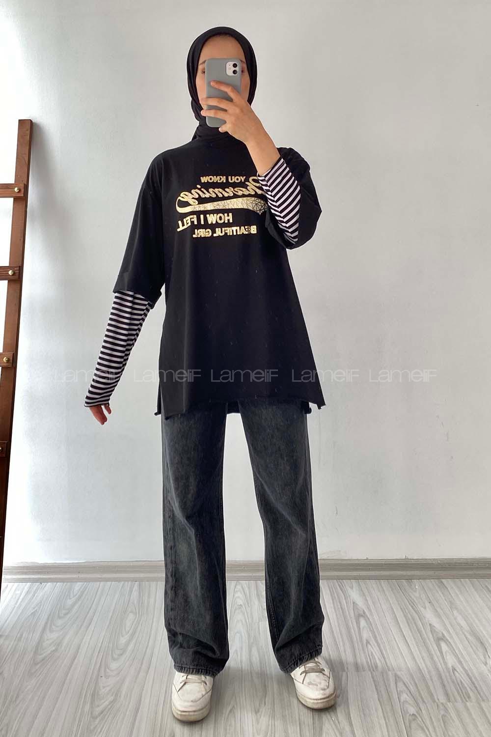 Modalamelif Champing Yazılı Yan Yırtmaçlı Oversize T-Shirt Siyah