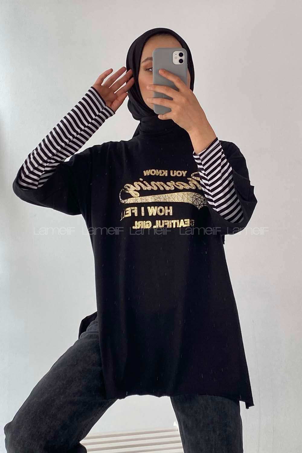 Modalamelif Champing Yazılı Yan Yırtmaçlı Oversize T-Shirt Siyah