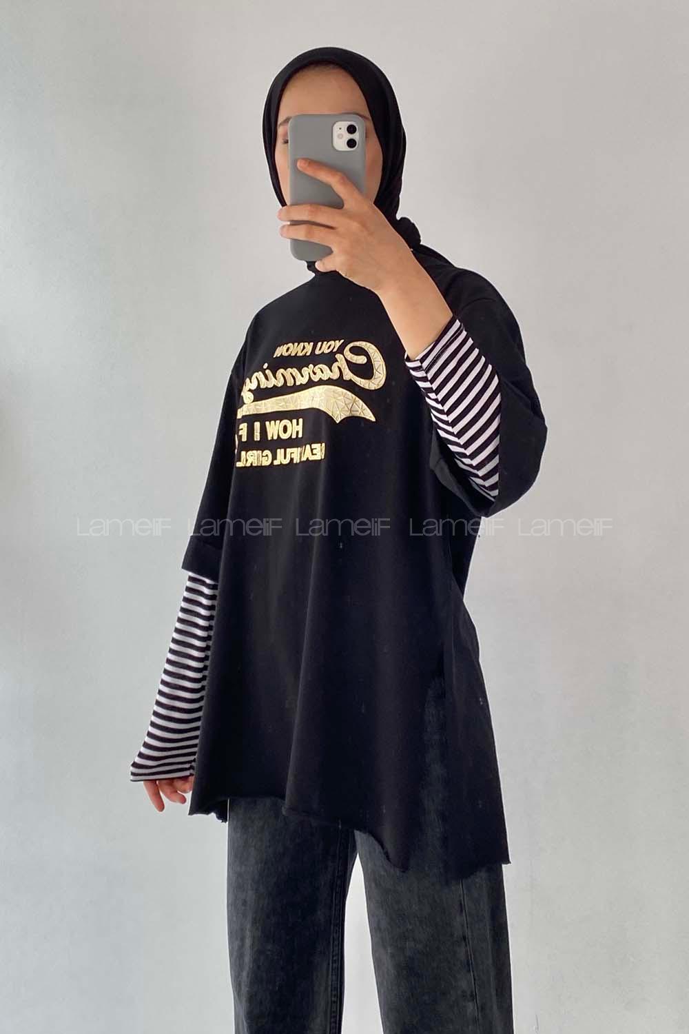 Modalamelif Champing Yazılı Yan Yırtmaçlı Oversize T-Shirt Siyah