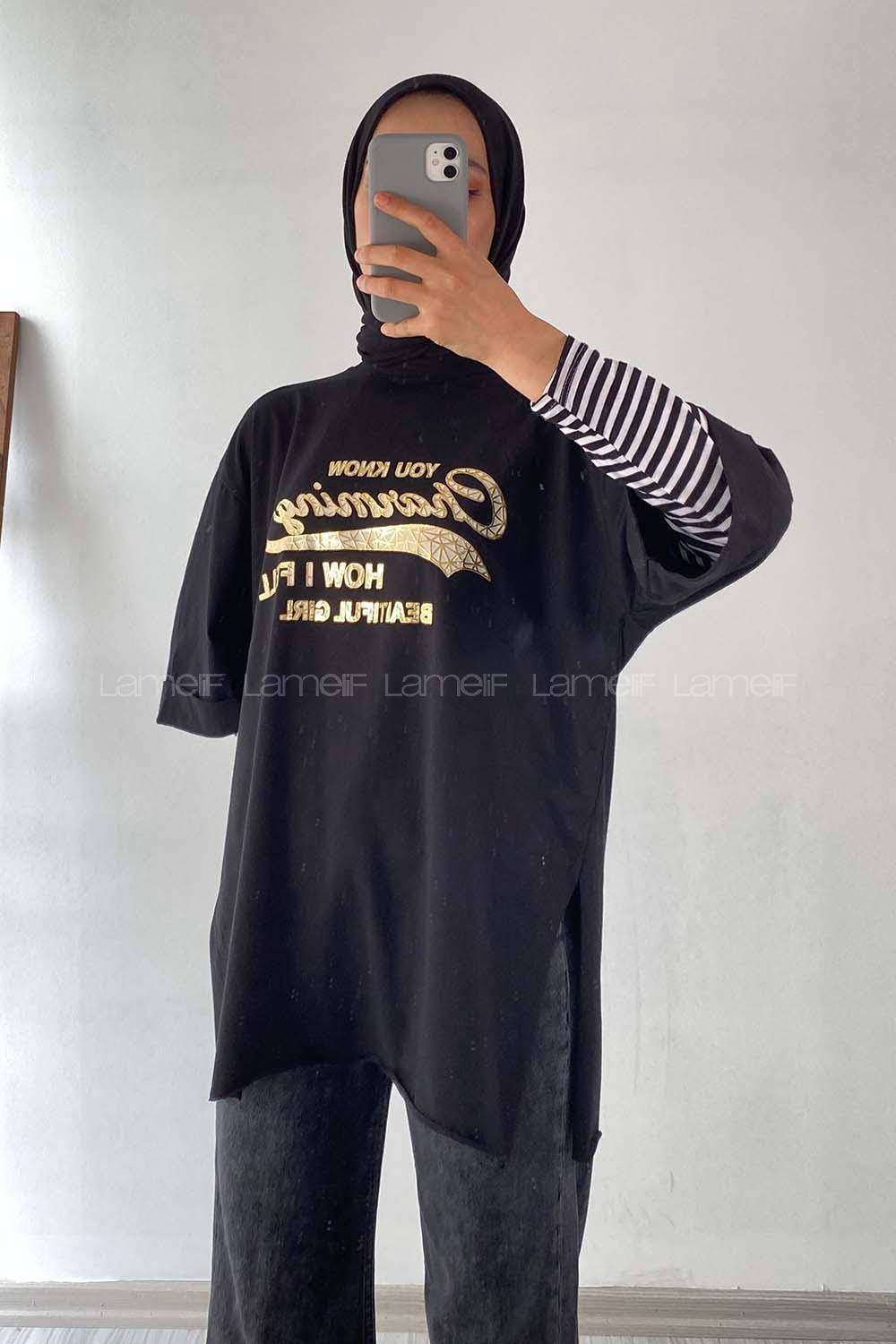 Modalamelif Champing Yazılı Yan Yırtmaçlı Oversize T-Shirt Siyah