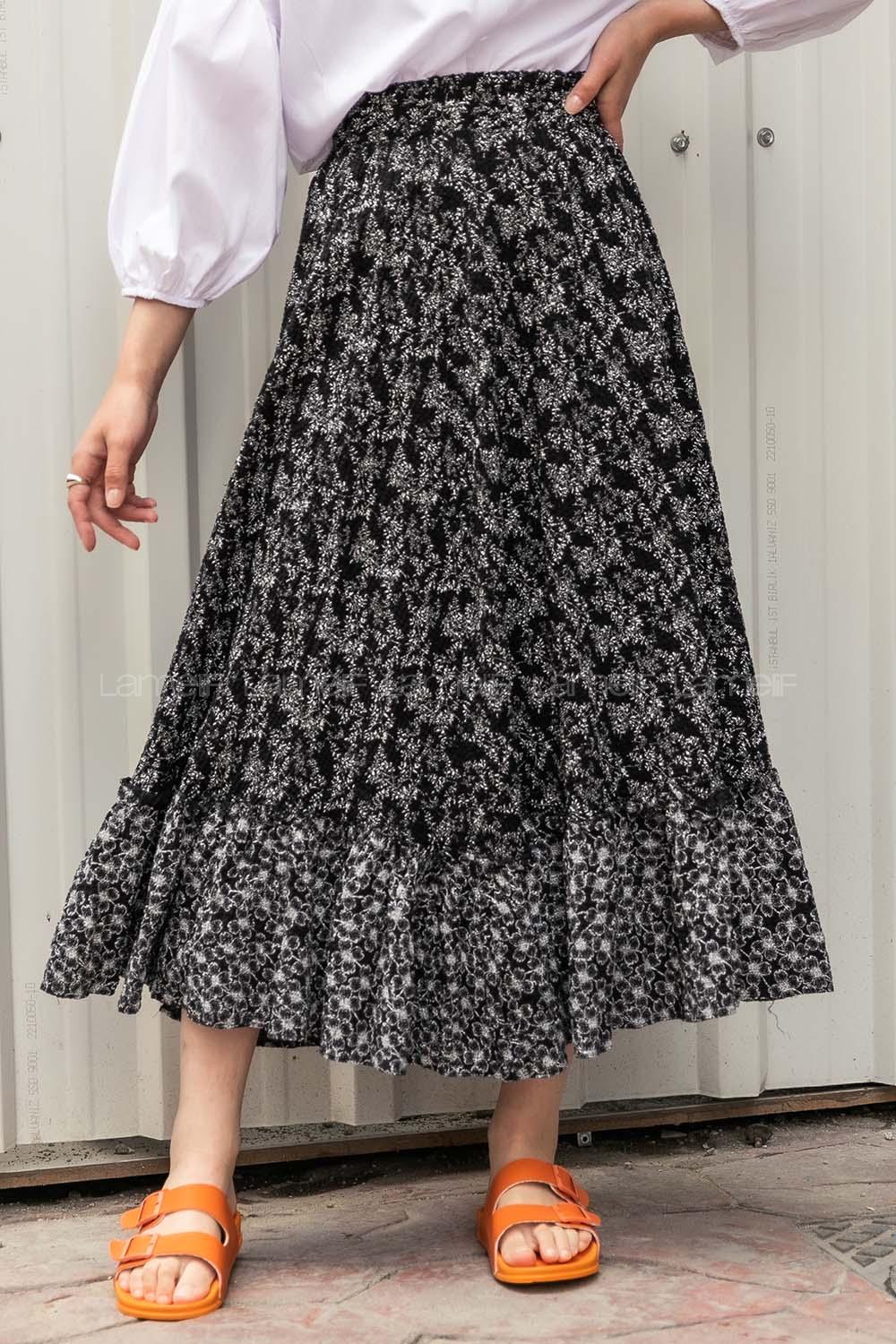 Modalamelif Çiçek Desenli Eteği Fırfır Detaylı Etek Siyah