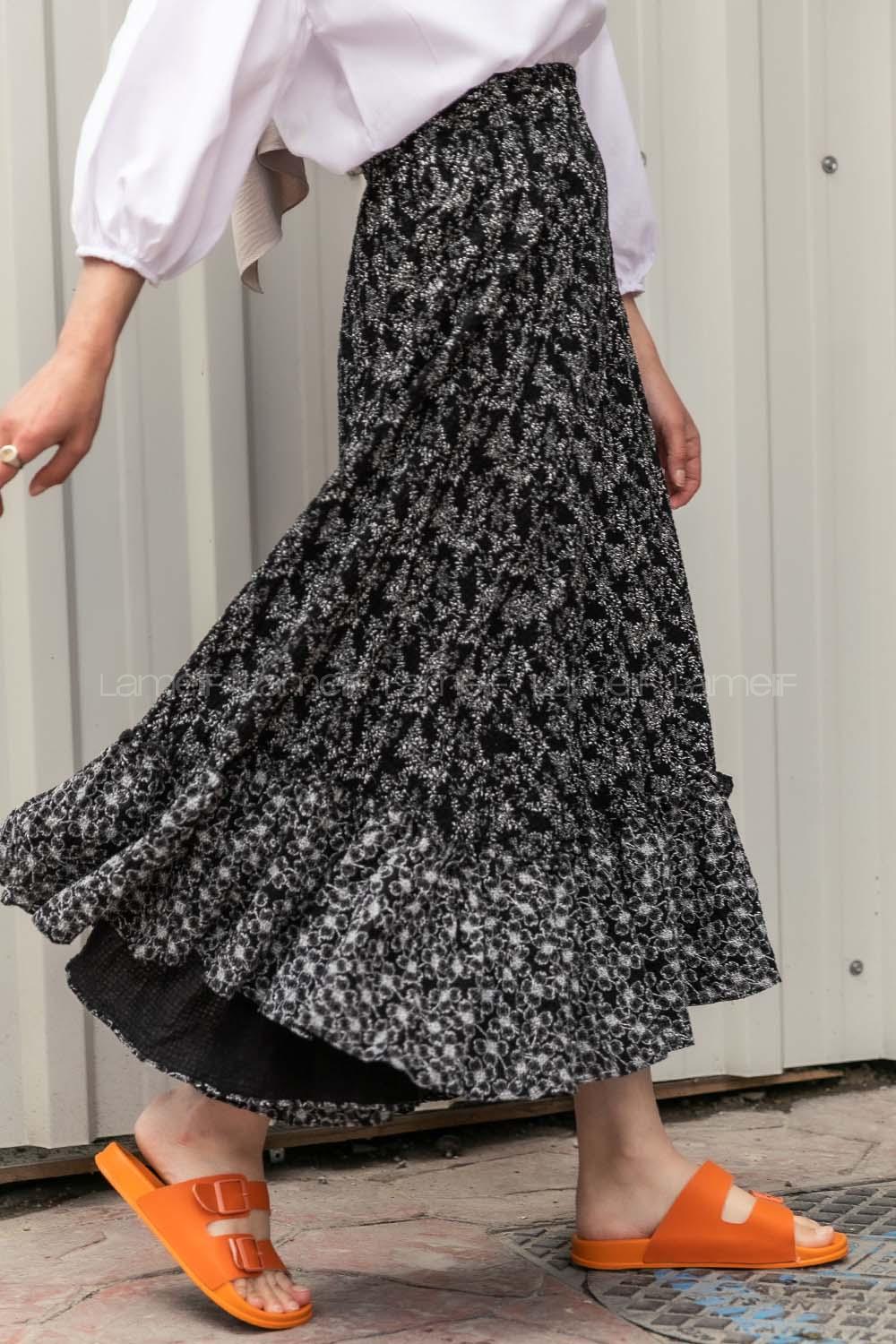 Modalamelif Çiçek Desenli Eteği Fırfır Detaylı Etek Siyah