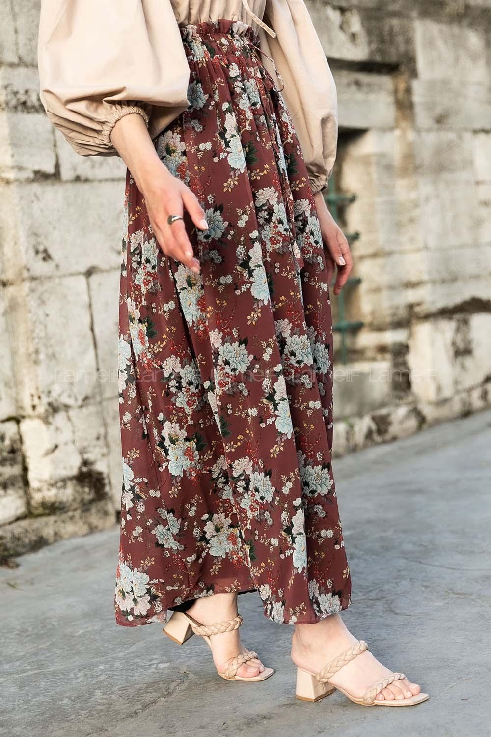 Modalamelif Çiçek Desenli Etek Acı Kahve