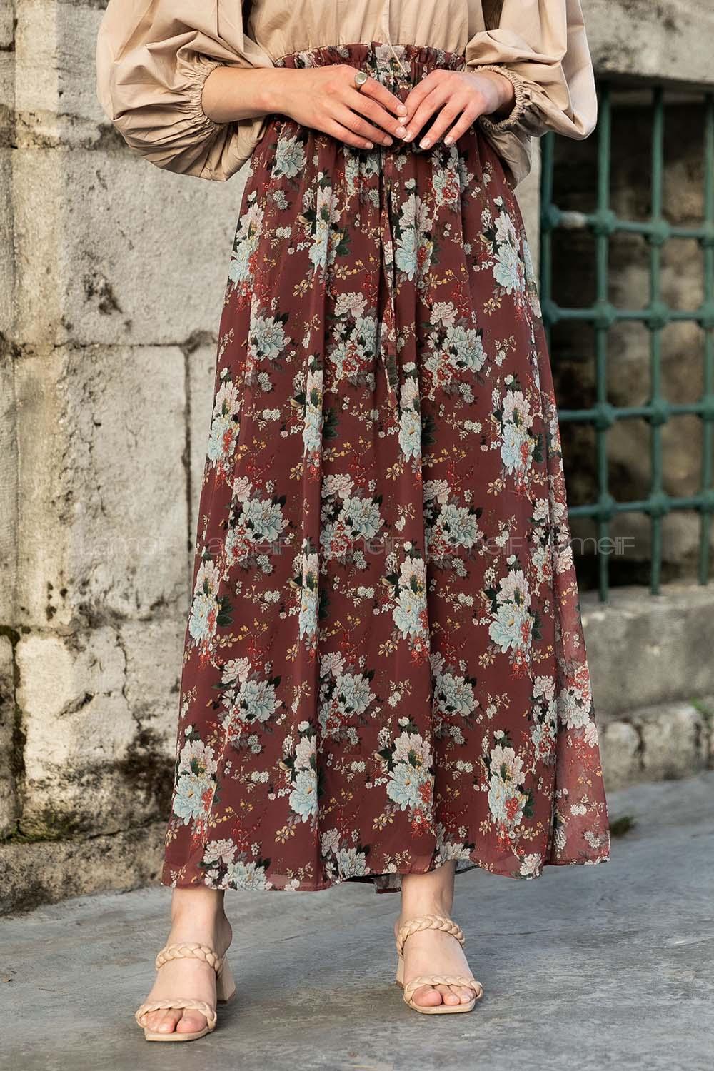 Modalamelif Çiçek Desenli Etek Acı Kahve