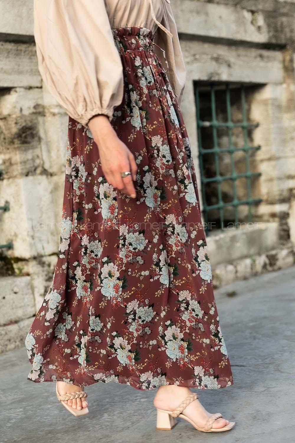 Modalamelif Çiçek Desenli Etek Acı Kahve