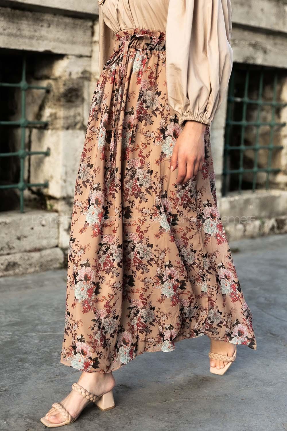 Modalamelif Çiçek Desenli Etek Bej