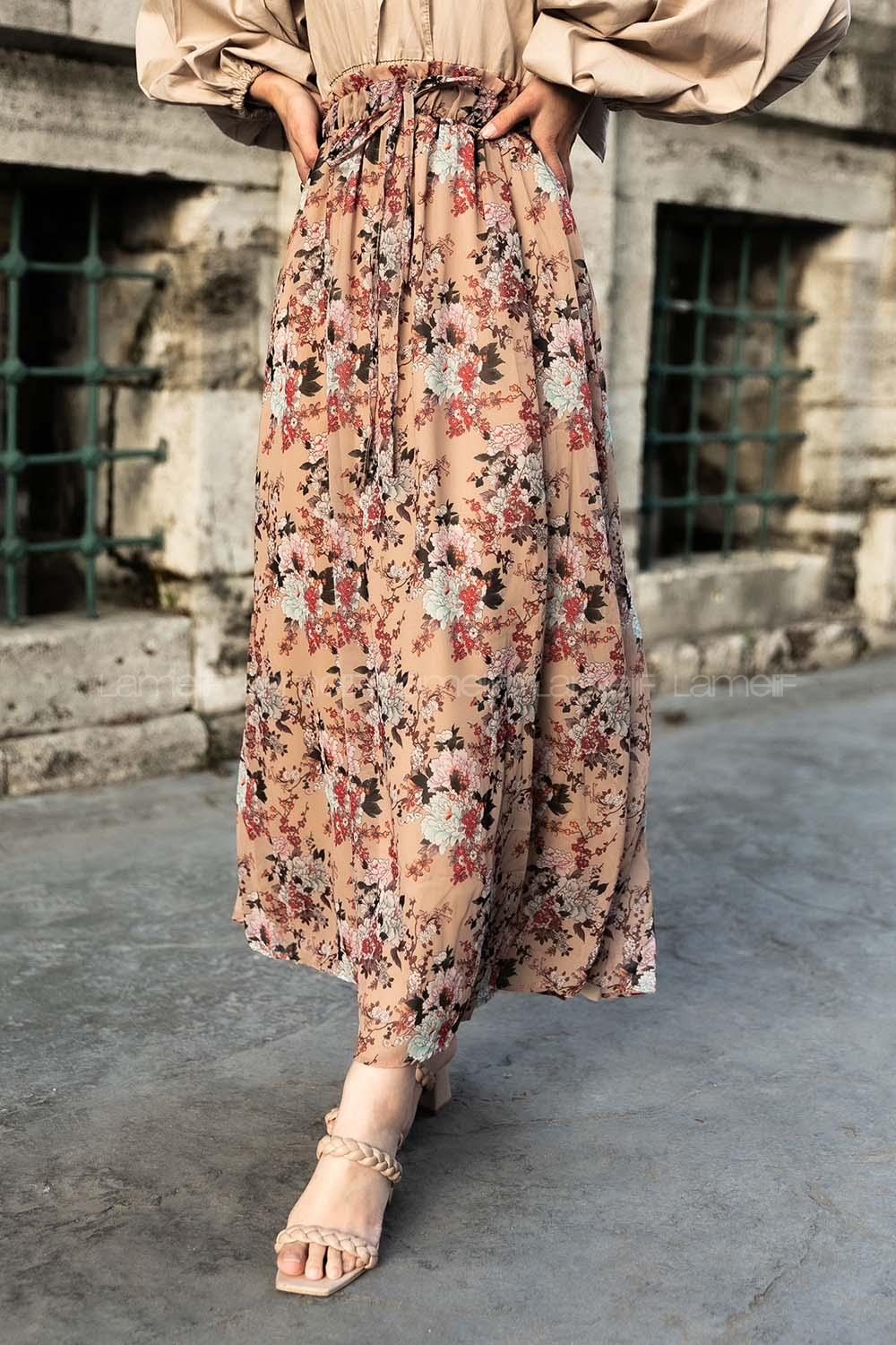 Modalamelif Çiçek Desenli Etek Bej