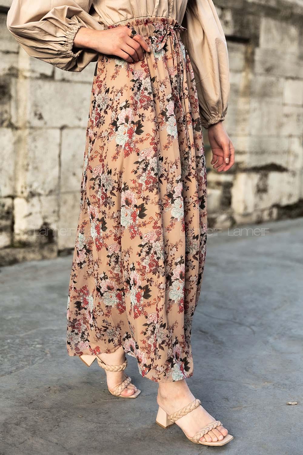 Modalamelif Çiçek Desenli Etek Bej