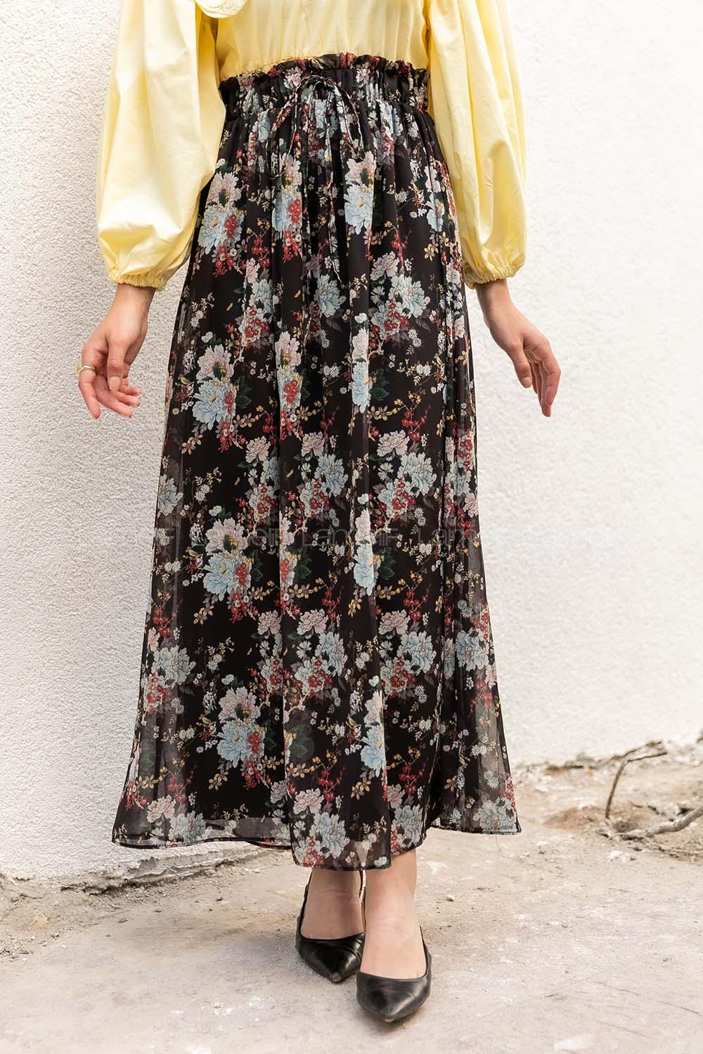 Modalamelif Çiçek Desenli Etek Siyah