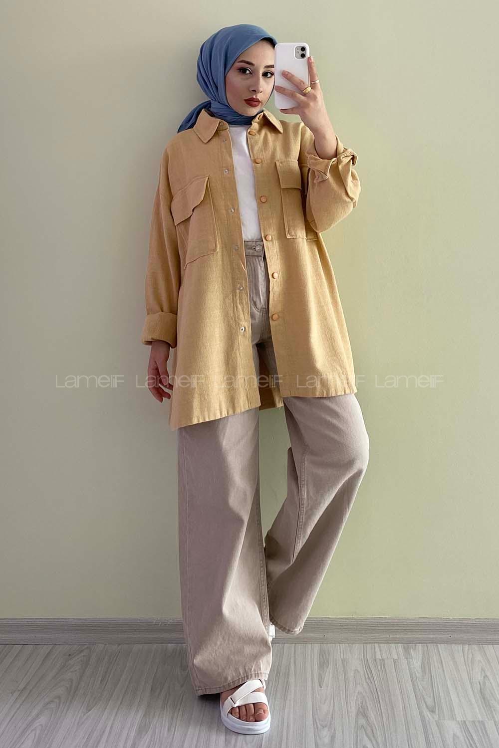 Modalamelif Çift Cep Detaylı Önü  Boydan Düğmeli Ceket Hardal Sarısı