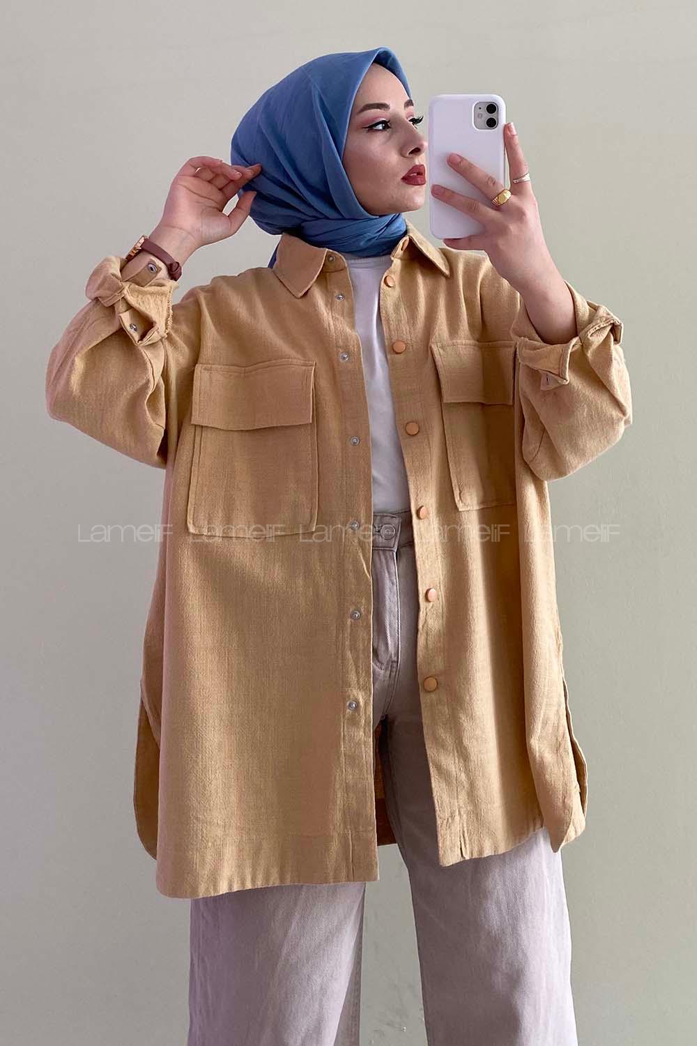 Modalamelif Çift Cep Detaylı Önü  Boydan Düğmeli Ceket Hardal Sarısı