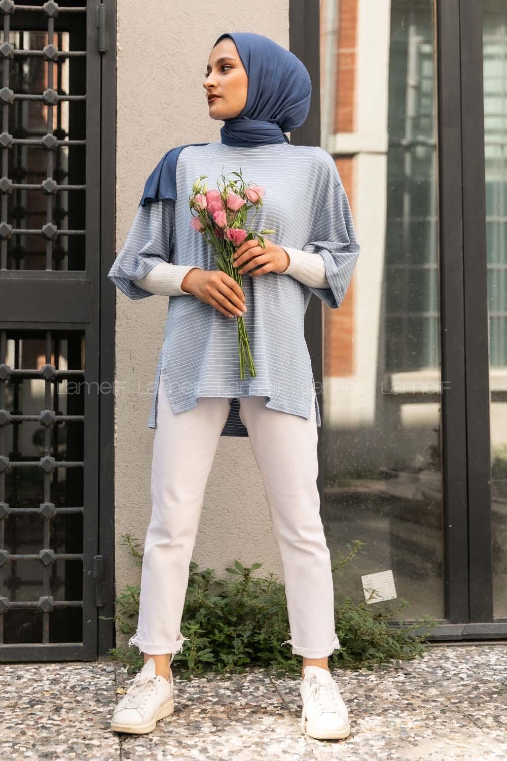 Modalamelif Çizgili Yırtmaçlı Uzun Tunik Açık Mavi