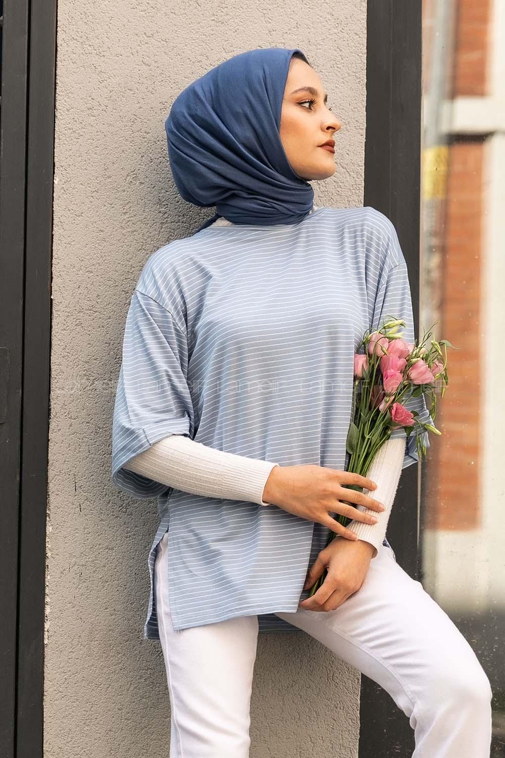 Modalamelif Çizgili Yırtmaçlı Uzun Tunik Açık Mavi