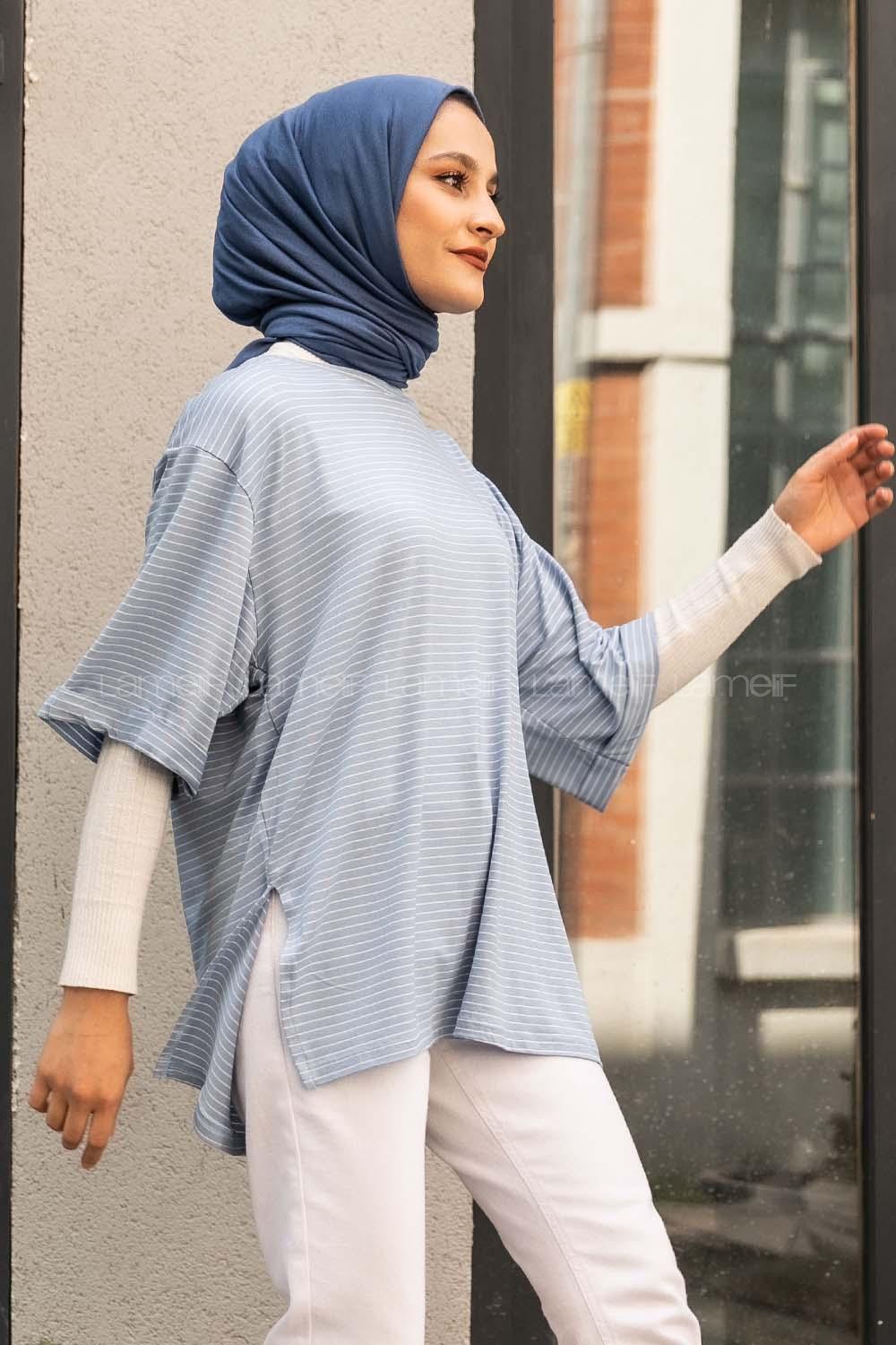 Modalamelif Çizgili Yırtmaçlı Uzun Tunik Açık Mavi