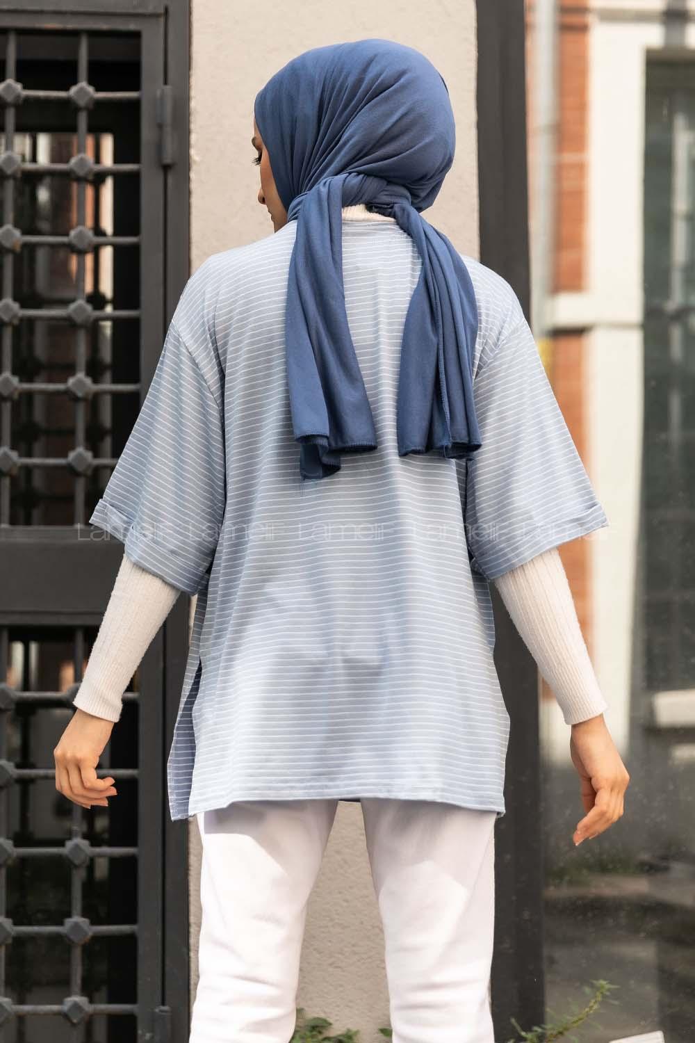 Modalamelif Çizgili Yırtmaçlı Uzun Tunik Açık Mavi