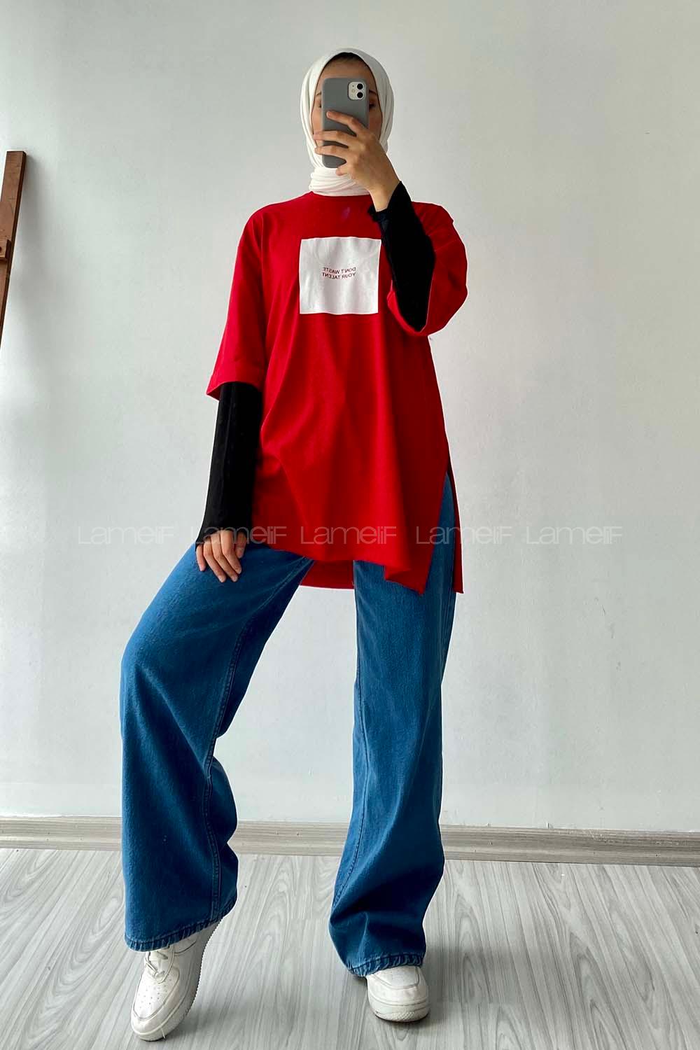 Modalamelif Don t Waste Yazılı Yan Yırtmaçlı Oversize T-Shirt Kırmızı