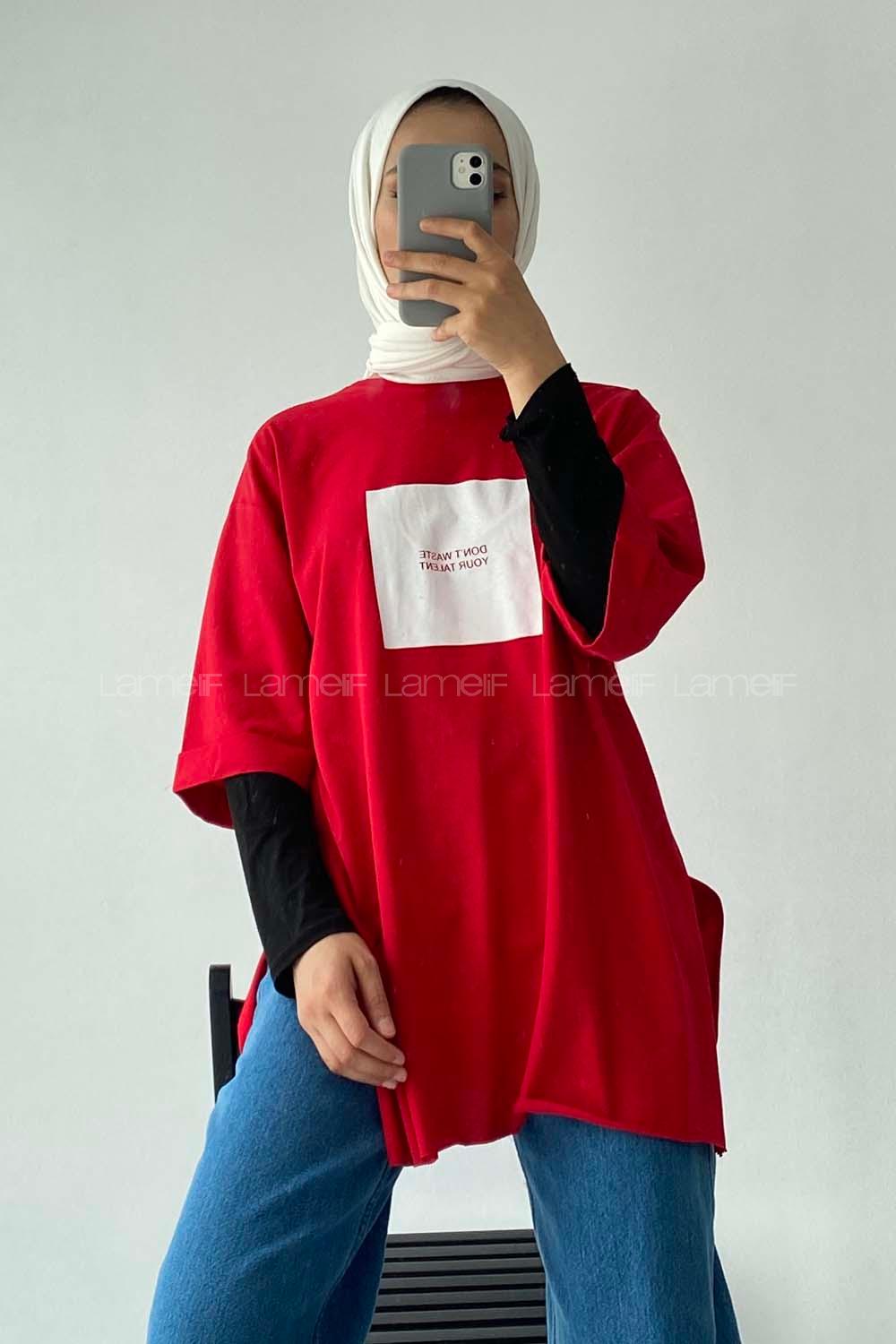 Modalamelif Don t Waste Yazılı Yan Yırtmaçlı Oversize T-Shirt Kırmızı