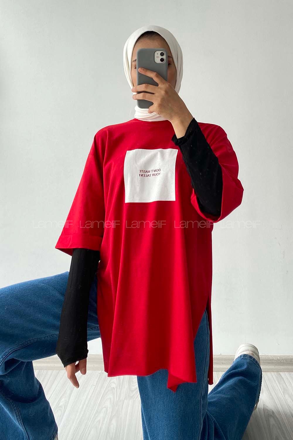 Modalamelif Don t Waste Yazılı Yan Yırtmaçlı Oversize T-Shirt Kırmızı
