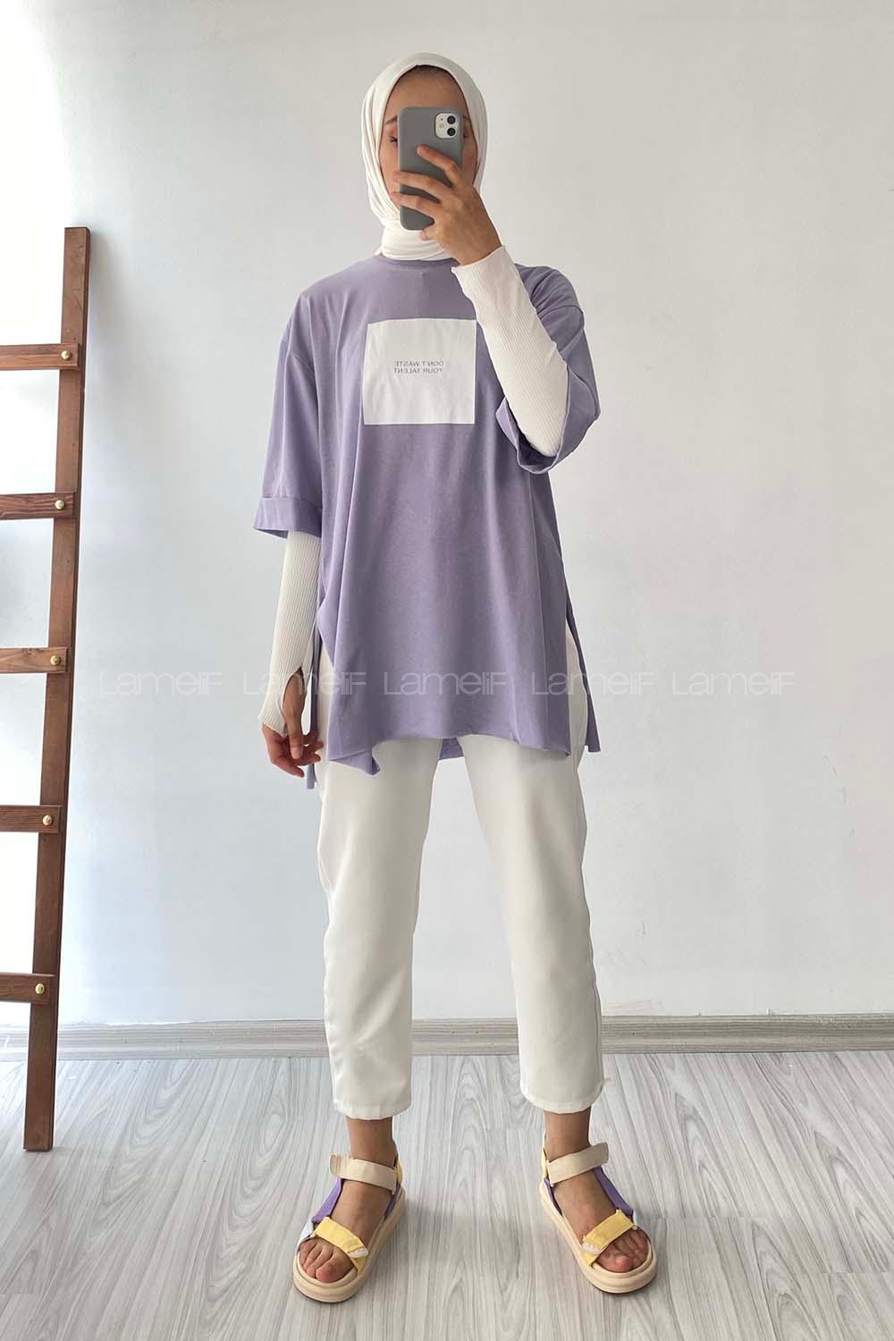 Modalamelif Don t Waste Yazılı Yan Yırtmaçlı Oversize T-Shirt Lila