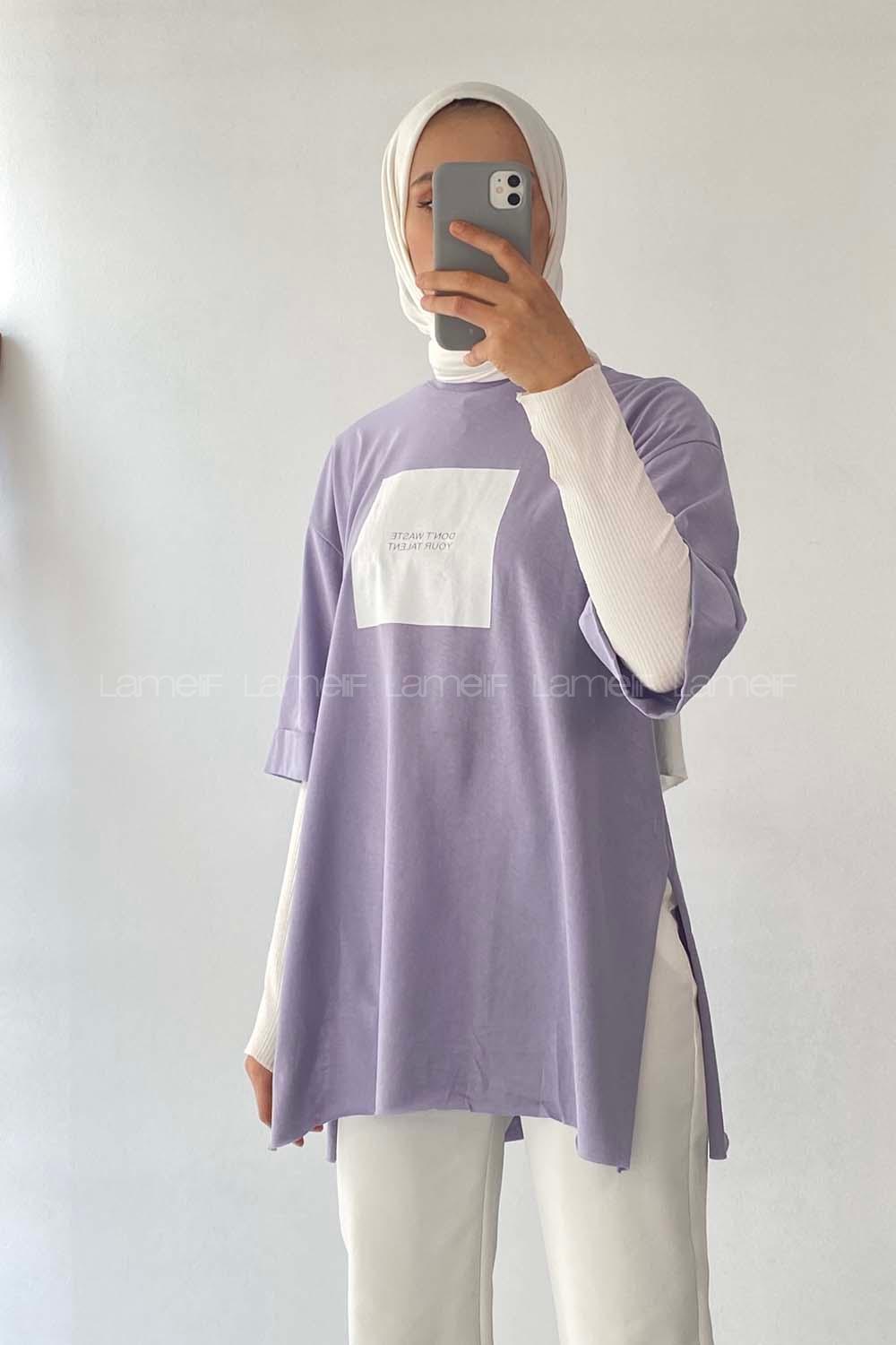 Modalamelif Don t Waste Yazılı Yan Yırtmaçlı Oversize T-Shirt Lila