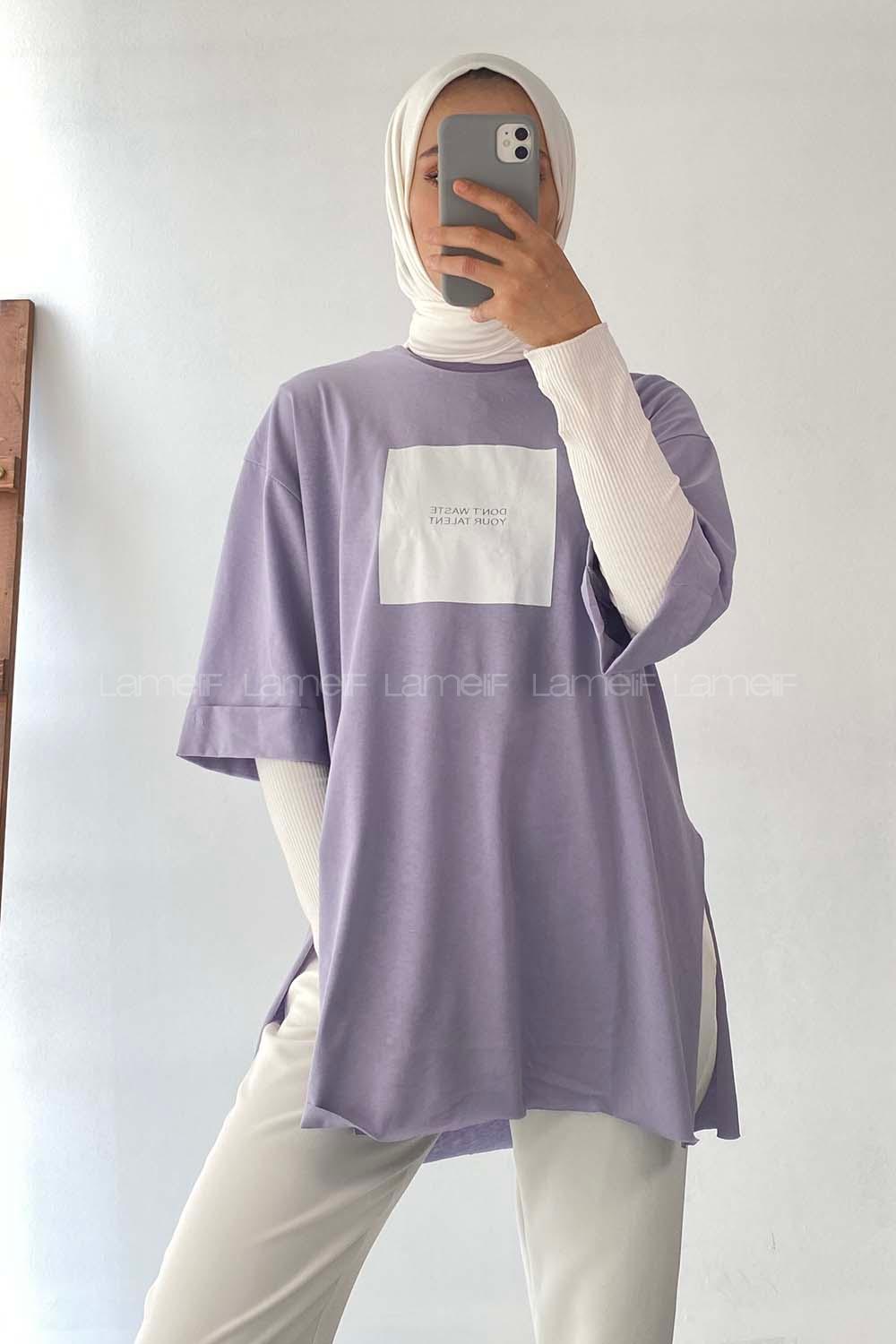 Modalamelif Don t Waste Yazılı Yan Yırtmaçlı Oversize T-Shirt Lila