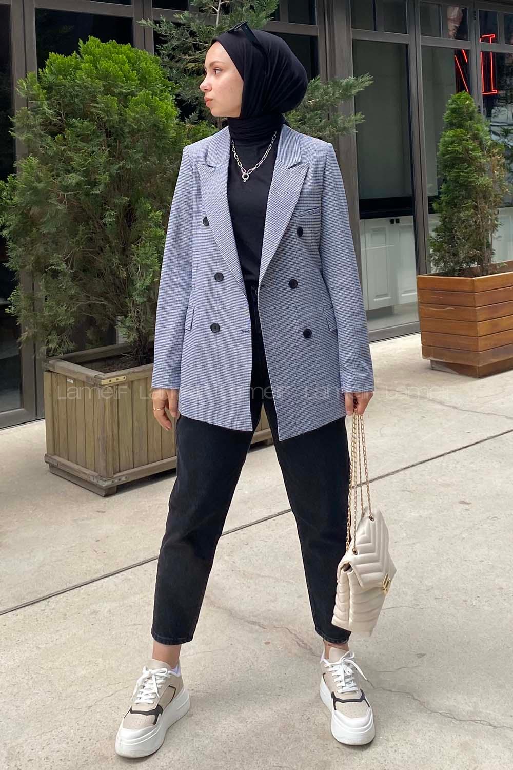 Modalamelif Düğme Detaylı Pötikare Blazer Ceket  Lacivert