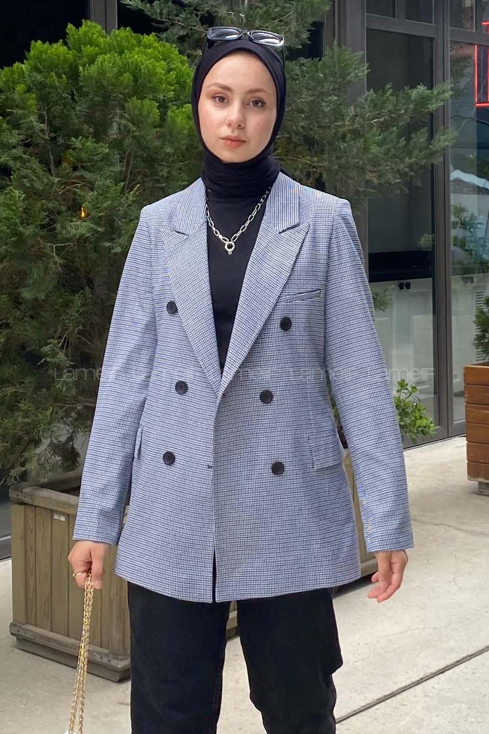 Modalamelif Düğme Detaylı Pötikare Blazer Ceket  Lacivert