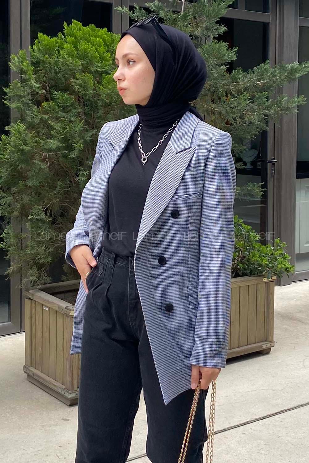 Modalamelif Düğme Detaylı Pötikare Blazer Ceket  Lacivert