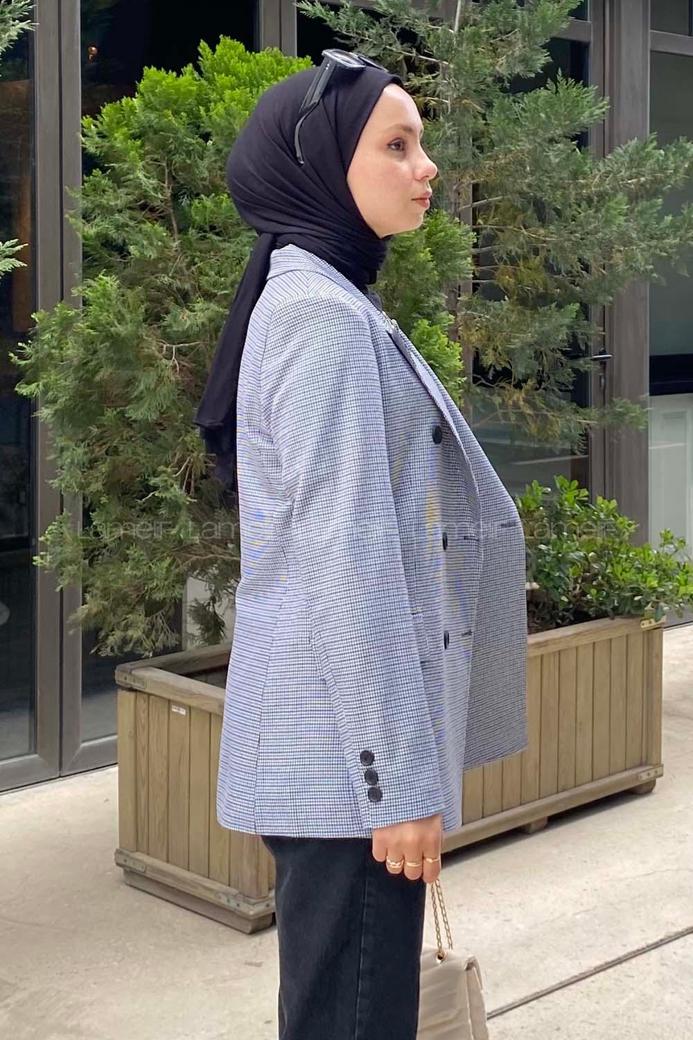 Modalamelif Düğme Detaylı Pötikare Blazer Ceket  Lacivert