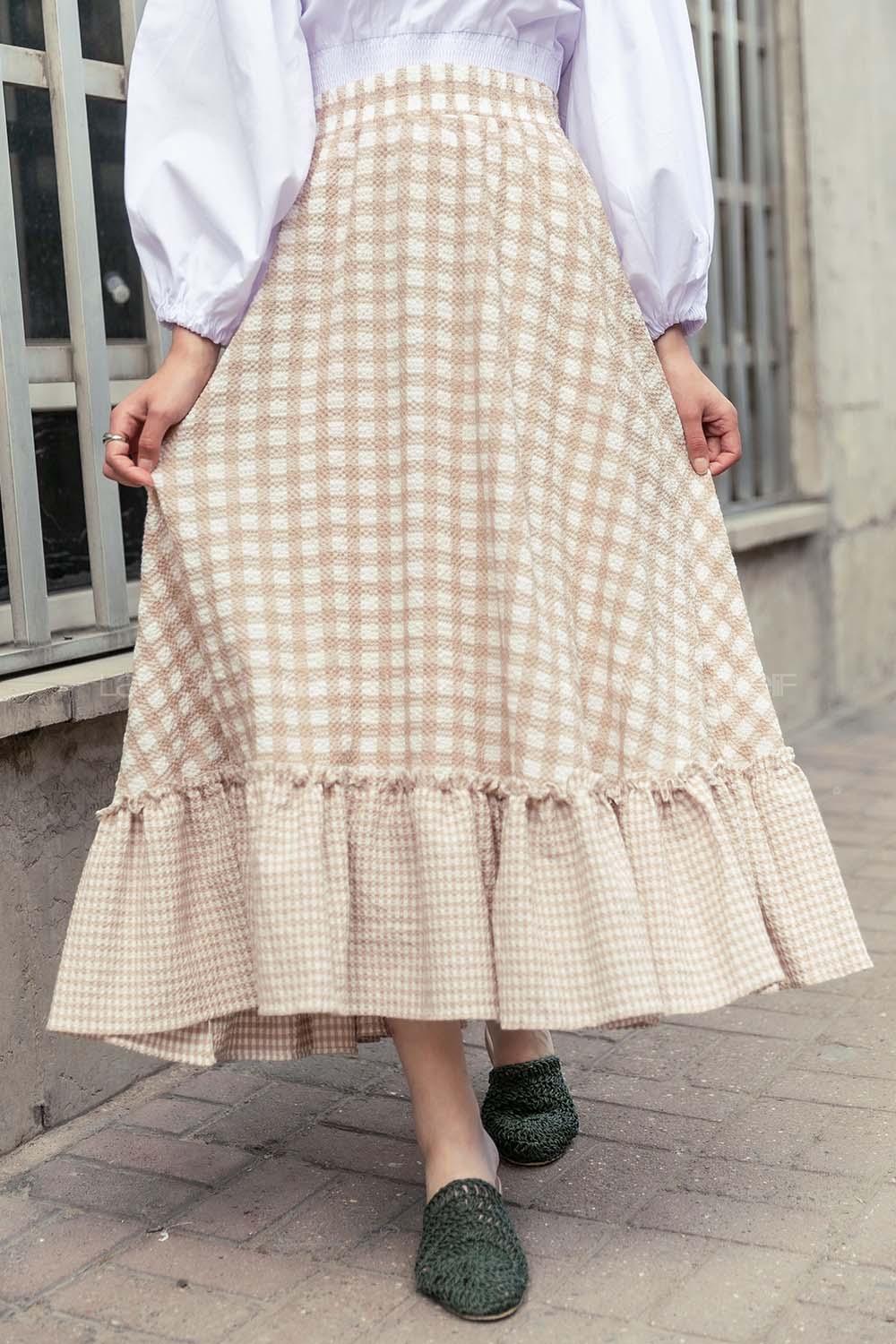 Modalamelif Ekose Desenli Eteği Fırfır Detaylı Etek Sütlü Kahve