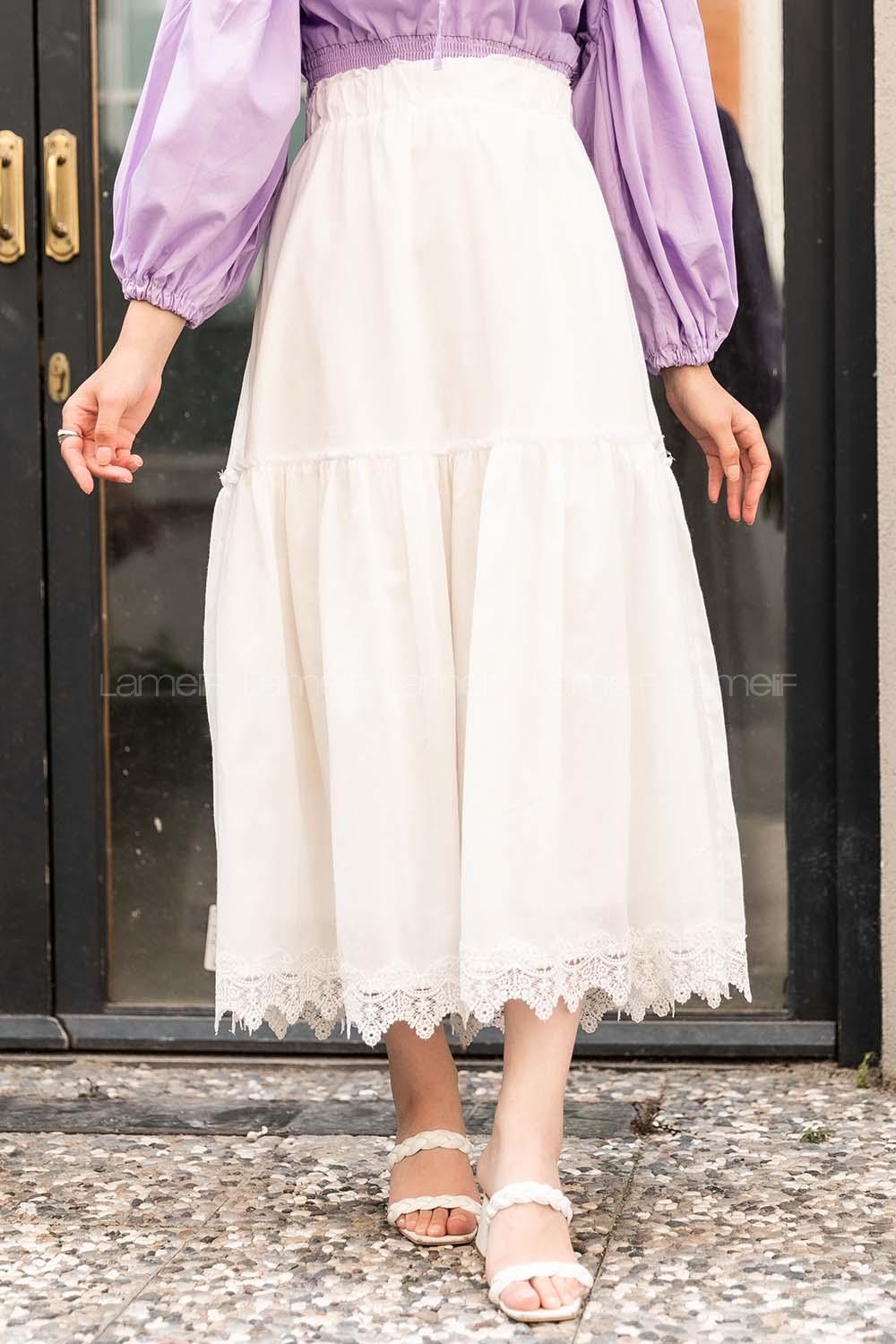 Modalamelif Eteği Dantel Detaylı Fırfırlı Etek Beyaz