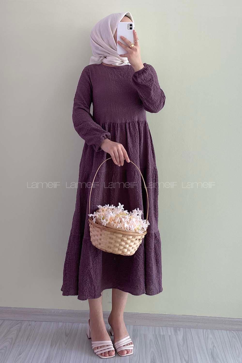 Modalamelif Eteği Fırfırlı Kolu Lastikli Gofre Elbise  Mürdüm