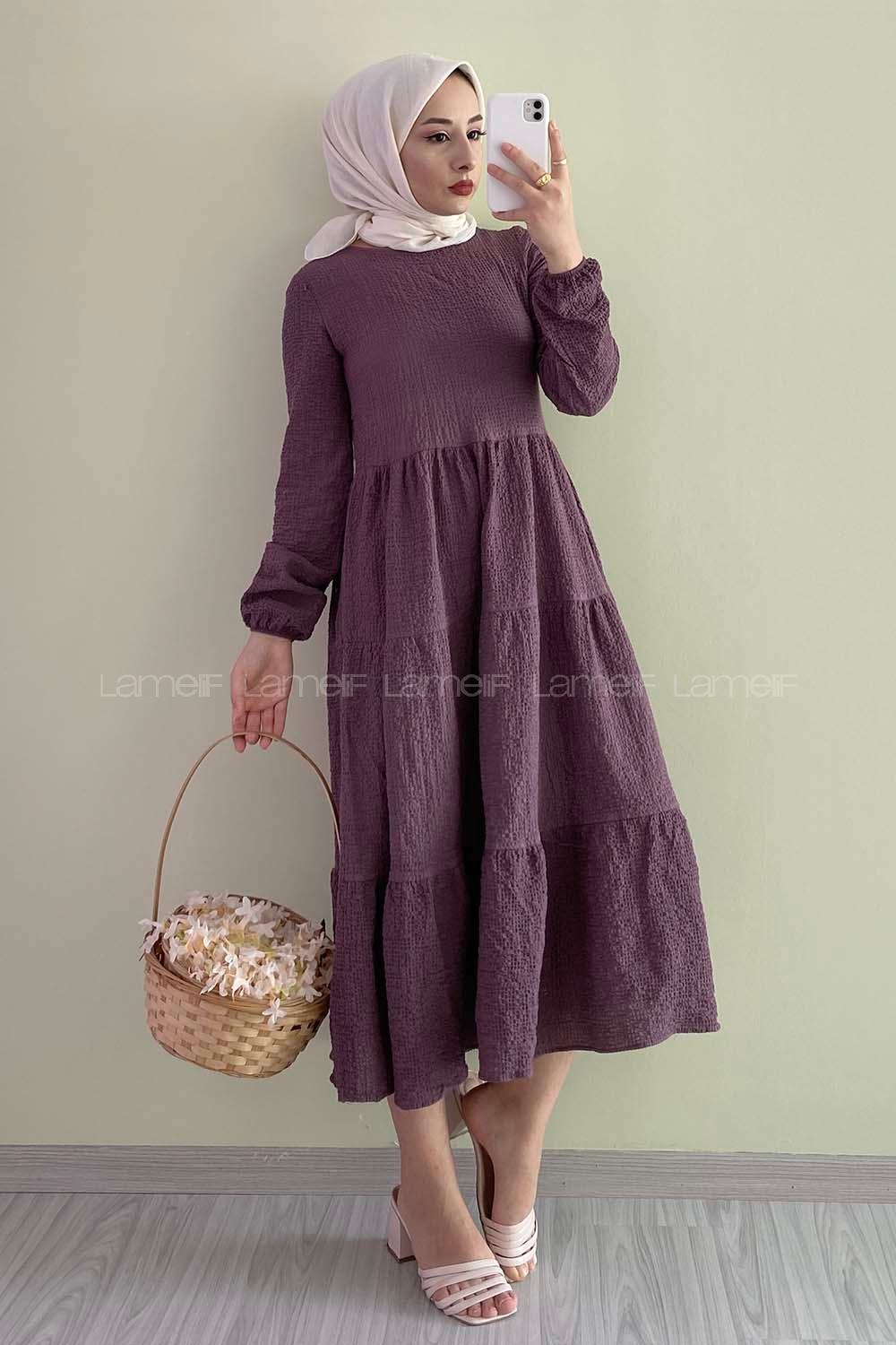 Modalamelif Eteği Fırfırlı Kolu Lastikli Gofre Elbise  Mürdüm