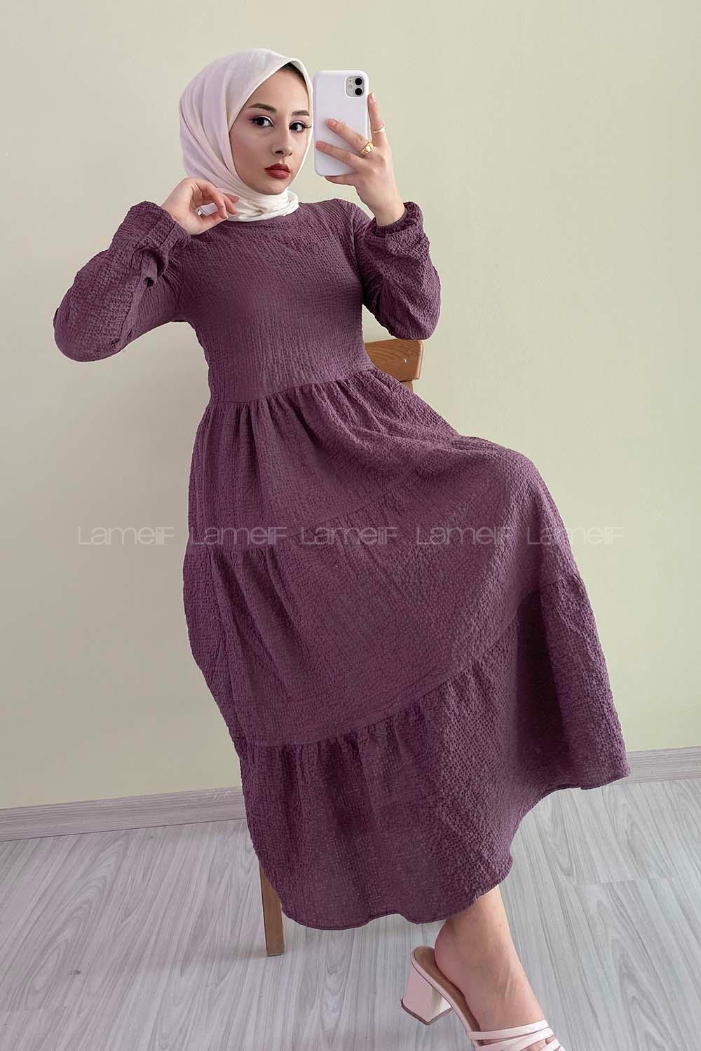 Modalamelif Eteği Fırfırlı Kolu Lastikli Gofre Elbise  Mürdüm